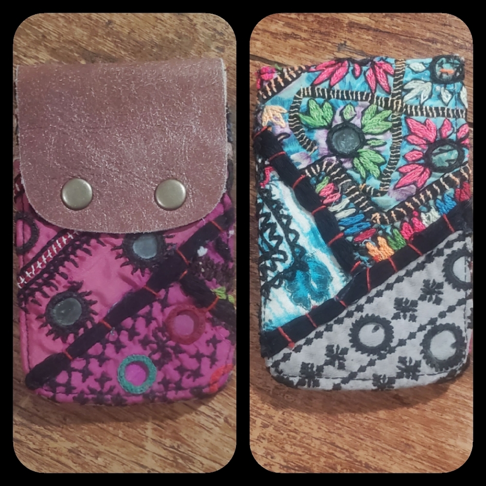 🥂🕺 Free People Boho Embroidered Repurposed vtg banjara hippie Wallet card case